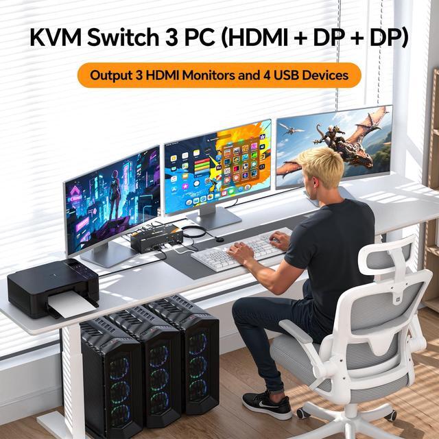 USB 3.0 KVM Switch 3 Monitors 3 Computers Displayport HDMI Triple Monitor KVM Switch 8K 60Hz 4K 144Hz For 3 Computers Share Mouse Keyboard Wired Remote And Power Adapter