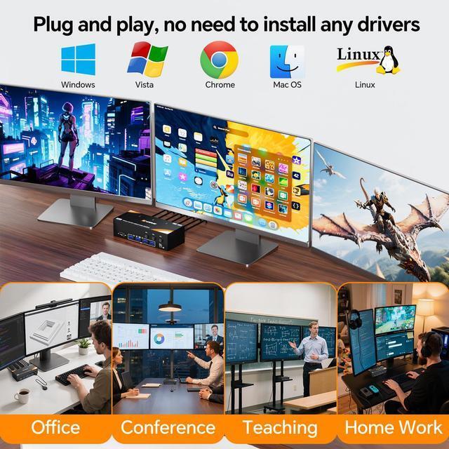 USB 3.0 KVM Switch 3 Monitors 3 Computers Displayport HDMI Triple Monitor KVM Switch 8K 60Hz 4K 144Hz For 3 Computers Share Mouse Keyboard Wired Remote And Power Adapter
