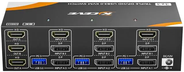 USB 3.0 KVM Switch 3 Monitors 3 Computers Displayport HDMI Triple Monitor KVM Switch 8K 60Hz 4K 144Hz for 3 Computers Share Mouse Keyboard Wired Remote and Power Adapter