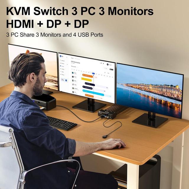 USB 3.0 KVM Switch 3 PC 3 Monitors 2 Displayport + HDMI Triple Monitors KVM Switch 8K 60Hz KVM Switch 4K 144Hz DP + DP + HDMI KVM Switch For 3 PC Share Mouse Keyboard And 4 USB 3.0 Devices