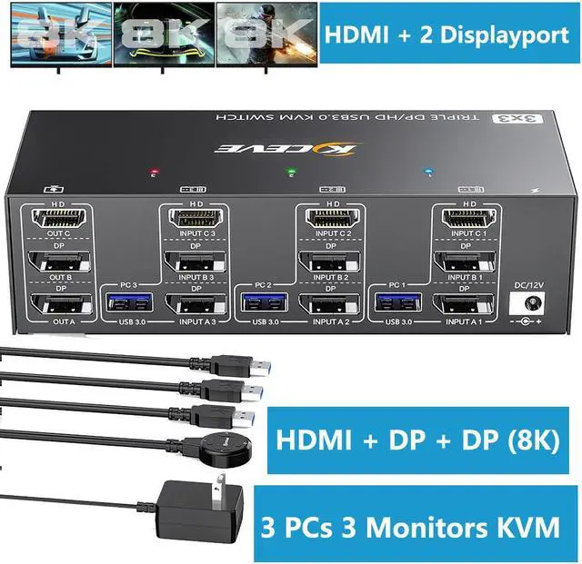 USB 3.0 KVM Switch 3 PC 3 Monitors [2 Displayport + HDMI] Triple Monitors KVM Switch 8K 60Hz KVM Switch 4K 144Hz KVM Switch Displayport 1.4 + HDMI 2.1 for 3 PC Share 3 Display and 4 USB 3.0 Device