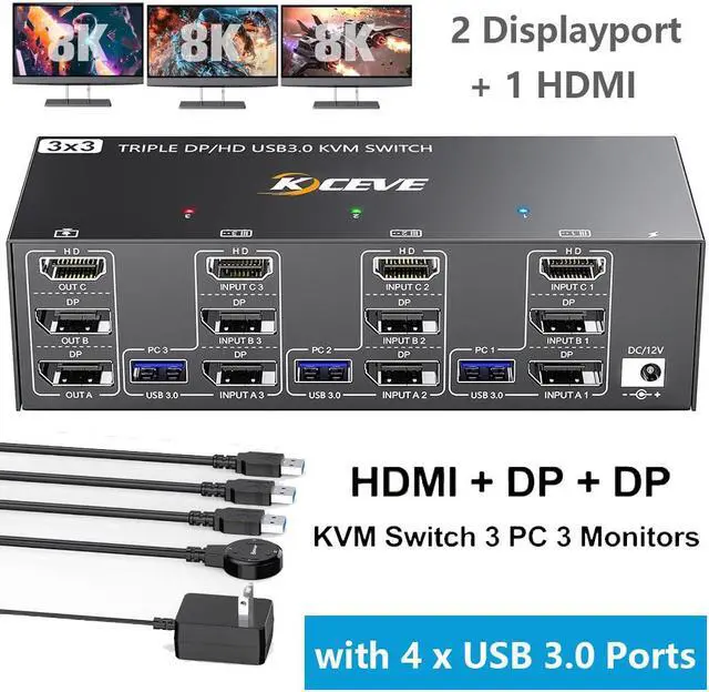USB 3.0 KVM Switch 3 PC 3 Monitors 2 Displayport + HDMI Triple Monitors KVM Switch 8K 60Hz KVM Switch 4K 144Hz DP + DP + HDMI KVM Switch for 3 PC Share Mouse Keyboard and 4 USB 3.0 Devices
