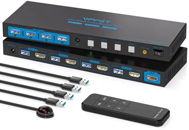 USB 3.0 KVM Switch 4 Computers 1 Monitor 4K 60HZ HDMI 4 Port KVM Switches for 4 PC Share 1 Monitor and 4 USB 3.0 Devices Such as Keyboard Mouse Printer with Controller and 4 USB Cables