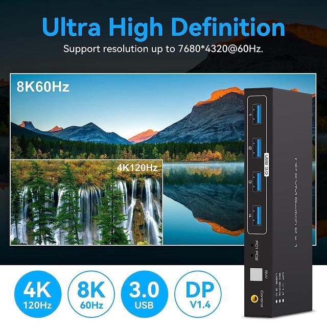USB 3.0 KVM Switch DisplayPort 1.4 For 2 Computers With 8K 60Hz / 4K 120Hz / 4K 144Hz Display Port Video & 4x 5Gbps USB Ports FreeSync G-SYNC And HDR Support - Wired Controller