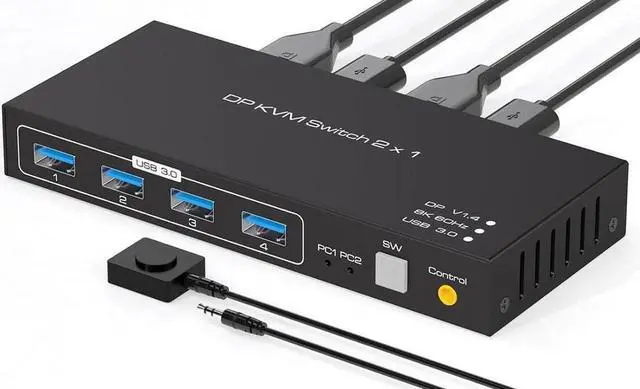 USB 3.0 KVM Switch DisplayPort 1.4 for 2 Computers with 8K 60Hz / 4K 120Hz / 4K 144Hz Display Port Video & 4x 5Gbps USB Ports FreeSync G-SYNC and HDR Support - Wired Controller