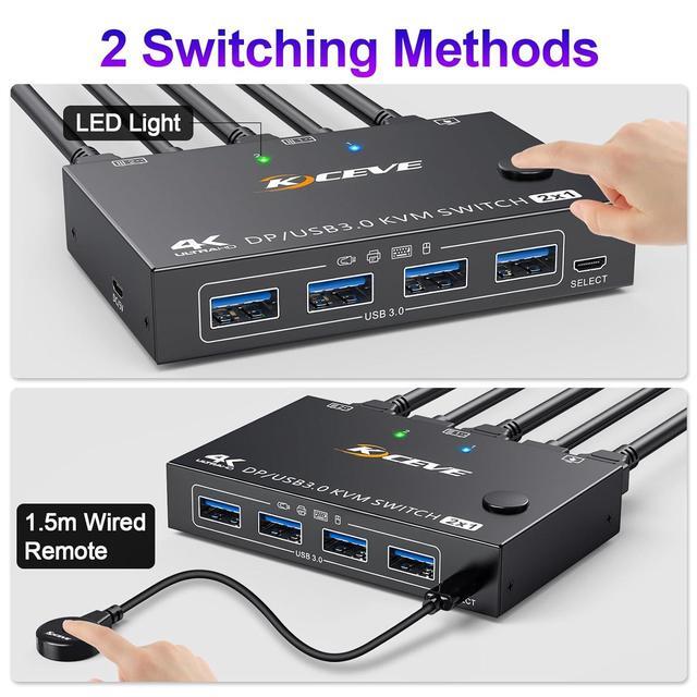 USB 3.0 KVM Switch Displayport 4K 144Hz 2 Port Displayport KVM Switch For 2 PCs 1 Monitor 8K 30Hz DP KVM Switch 2 In 1 Out For 2 PC Share 4 USB 3.0 Device Keyboard Mouse Monitor With Wired Remote