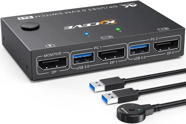 USB 3.0 KVM Switch Displayport 4K 144Hz 2 Port Displayport KVM Switch for 2 PCs 1 Monitor 8K 30Hz DP KVM Switch 2 in 1 Out for 2 PC Share 4 USB 3.0 Device Keyboard Mouse Monitor with Wired Remote