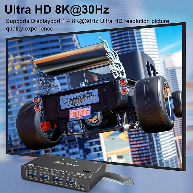 USB 3.0 KVM Switch Displayport 8K 30Hz 4K 120Hz 2 Port Displayport KVM Switch 2 PC 1 Monitor Support DP1.4 Compatible With D1.2 DP KVM Switch 2 In 1 Out Includes 2 USB3.0 Cables And Wired Controller