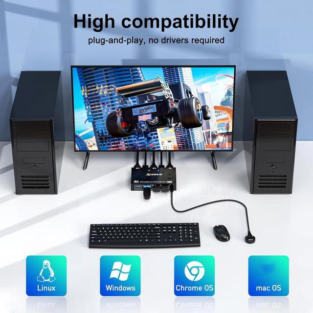 USB 3.0 KVM Switch Displayport 8K 30Hz 4K 120Hz 2 Port Displayport KVM Switch 2 PC 1 Monitor Support DP1.4 Compatible With D1.2 DP KVM Switch 2 In 1 Out Includes 2 USB3.0 Cables And Wired Controller