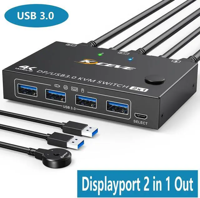 USB 3.0 KVM Switch Displayport 8K 30Hz 4K 120Hz 2 Port Displayport KVM Switch 2 PC 1 Monitor Support DP1.4 Compatible with D1.2 DP KVM Switch 2 in 1 Out Includes 2 USB3.0 Cables and Wired Controller