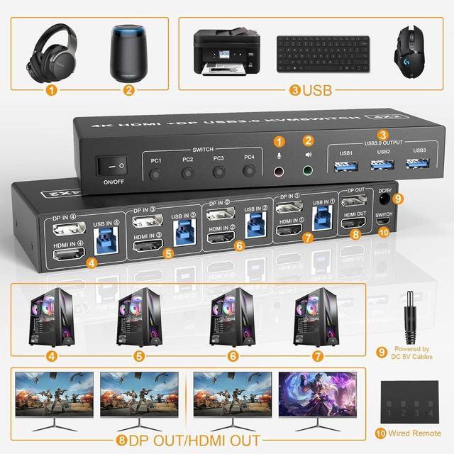 USB 3.0 KVM Switch Displayport+HDMI 2 Monitors 4 Computers 4K 60Hz Dual Monitor KVM Switch With Audio Microphone Output And 3 USB 3.0 Ports 4 Port HDMI+DP Monitor Switch For 4 PCs 2 Monitors