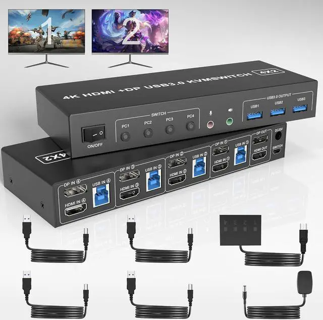 USB 3.0 KVM Switch Displayport+HDMI 2 Monitors 4 Computers 4K 60Hz Dual Monitor KVM Switch with Audio Microphone Output and 3 USB 3.0 Ports 4 Port HDMI+DP Monitor Switch for 4 PCs 2 Monitors
