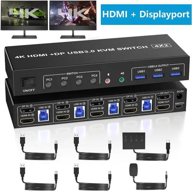 USB 3.0 KVM Switch Displayport+HDMI 2 Monitors 4 Computers 4K 60Hz Dual Monitor KVM Switch 4 Port with Audio Microphone Output and 3 USB 3.0 Ports 4 Port HDMI+DP Monitor Switch for 4 PCs 2 Monitors