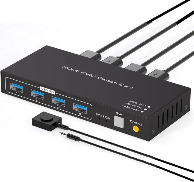 USB 3.0 KVM Switch HDMI 2.1 for 2 Computers with 8K 60Hz / 4K 120Hz / 4K 144Hz Display Port Video & 4x 5Gbps USB Ports FreeSync G-SYNC and HDR Support - Wired Controller