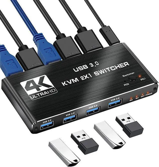 USB 3.0 KVM Switch HDMI 2 Port Box 4K 60Hz HDMI USB KVM Switches for 2 Computers Share Keyboard Mouse Printer and 1 HD Monitor Aluminum USB Switcher Compatible with Windows Linux MacOS