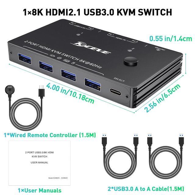 USB 3.0 KVM Switch HDMI 2 Ports 8K 60Hz 4K 120Hz HDMI 2.1 KVM Switch For 2 Computers 1 Monitor And 4 USB 3.0 Ports HDCP 2.3 HDR 10 With Remote Controller