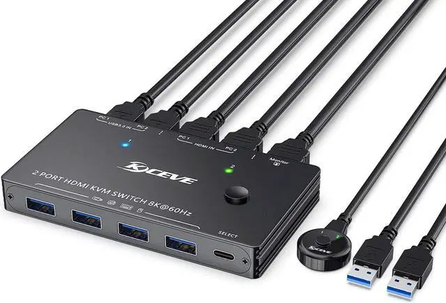 USB 3.0 KVM Switch HDMI 2 Ports 8K 60Hz 4K 120Hz HDMI 2.1 KVM Switch for 2 Computers 1 Monitor and 4 USB 3.0 Ports HDCP 2.3 HDR 10 with Remote Controller and USB 3.0 Cables