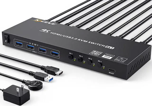 USB 3.0 KVM Switch HDMI 4 Port Support 4K 60Hz 2K 120Hz Simulation EDID USB HDMI KVM Switch 4 in 1 Out for 4 Computers Share 1 Monitor and 4 USB 3.0 Port with Desktop Controller and KVM Cables