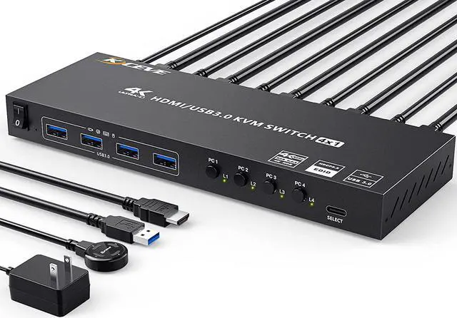 USB 3.0 KVM Switch HDMI 4 Port Support 4K 60Hz 2K 120Hz Simulation EDID USB HDMI KVM Switch 4 in 1 Out for 4 Computers Share 1 Monitor and 4 USB 3.0 Port with Desktop Controller and KVM Cables