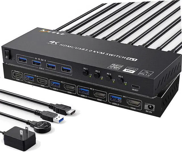USB 3.0 KVM Switch HDMI 4 Port Support 4K 60Hz 2K 120Hz Simulation EDID HDMI USB3.0 Switch for 4 Computers Share 1 Monitor with 4 USB 3.0 Port with Desktop Controller and KVM Cables