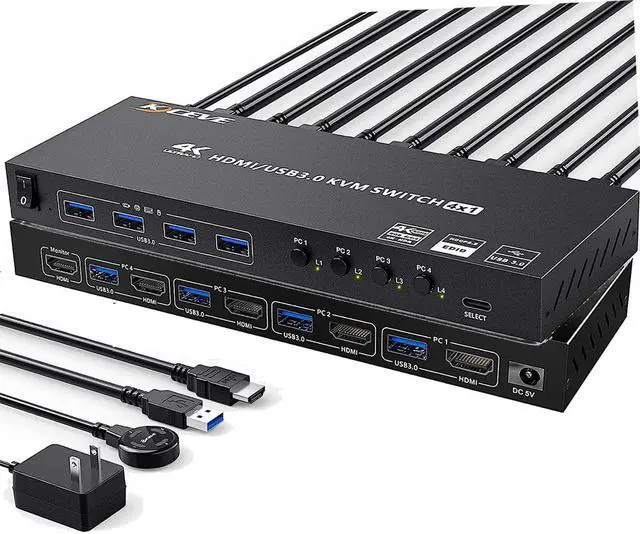 USB 3.0 KVM Switch HDMI 4 Port Support 4K 60Hz 2K 120Hz Simulation EDID HDMI USB3.0 Switch for 4 Computers Share 1 Monitor with 4 USB 3.0 Port with Desktop Controller and KVM Cables