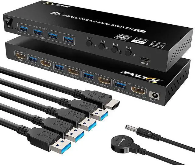 USB 3.0 KVM Switch HDMI 4 Port Support 4K 60Hz RGB 4:4:4 USB Hub HDR EDID HDMI USB KVM Switch 4 in 1out and 4 USB 3.0 Port for Keyboard Mouse Printer with Controller USB 3.0 Cables and HDMI-Cable