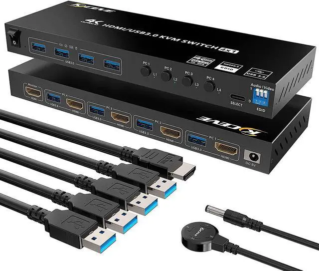 USB 3.0 KVM Switch HDMI 4 Port Support 4K 60Hz RGB 4:4:4 USB Hub HDR EDID HDMI USB KVM Switch 4 in 1 out and 4 USB 3.0 Port for Keyboard Mouse Printer with Controller USB3.0 Cables and HDMI Cable