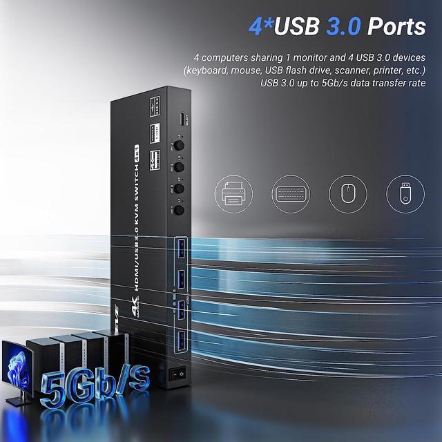 USB 3.0 KVM Switch HDMI 4 Ports 4K 60Hz 2K 120Hz RGB 4:4:4 4x1 HDMI 2.0 KVM Switch Simulation EDID HDCP2.2 Decoding KVM Switch 4 PC 1 Monitors With 4 USB 3.0 Ports For Keyboard Mouse Printer Etc