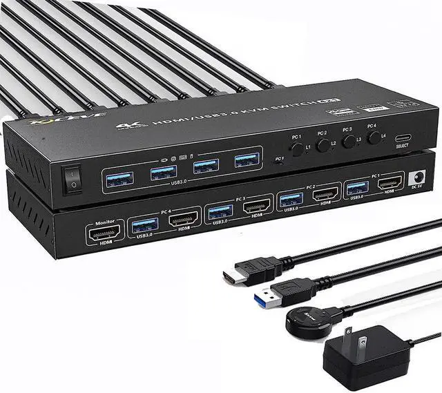 USB 3.0 KVM Switch HDMI 4 Ports 4K 60Hz 2K 120Hz RGB 4:4:4 4x1 HDMI 2.0 KVM Switch Simulation EDID HDCP2.2 Decoding KVM Switch 4 PC 1 Monitors with 4 USB 3.0 Ports for Keyboard Mouse Printer etc
