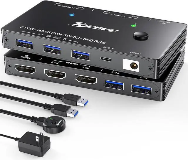 USB 3.0 KVM Switch HDMI 8K 60Hz with 3 USB3.0 Switch for 2 Computers Sharing 1 Monitor Keyboard Mouse with 2 USB Cables Power Adapter and Controller
