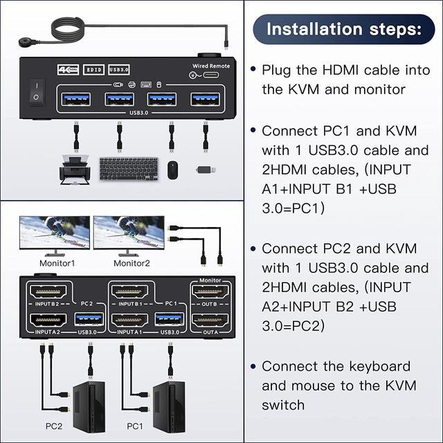 USB 3.0 KVM Switch HDMI Dual Monitor USB HDMI Extended Display KVM Switcher For 2 Computers 2 Monitors And 4 USB 3.0 Ports With Simulation EDID KVM Switch HDMI Support 4K 60Hz 2K 144Hz 2 In 2 Out
