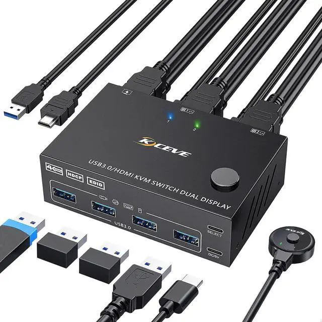 USB 3.0 KVM Switch HDMI Dual Monitor USB HDMI Extended Display Switcher for 2 Computers 2 Monitors and 4 USB 3.0 Ports with Simulation EDID NAWEN KVM Switch HDMI Support 4K 60Hz 2K 144Hz