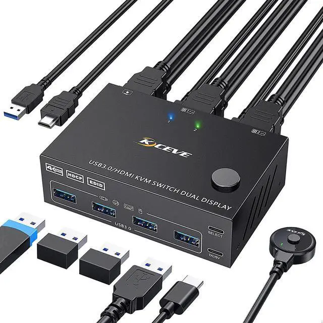 USB 3.0 KVM Switch HDMI Dual Monitor USB HDMI Extended Display KVM Switcher for 2 Computers 2 Monitors and 4 USB 3.0 Ports with Simulation EDID KVM Switch HDMI Support 4K 60Hz 2K 144Hz 2 in 2 Out