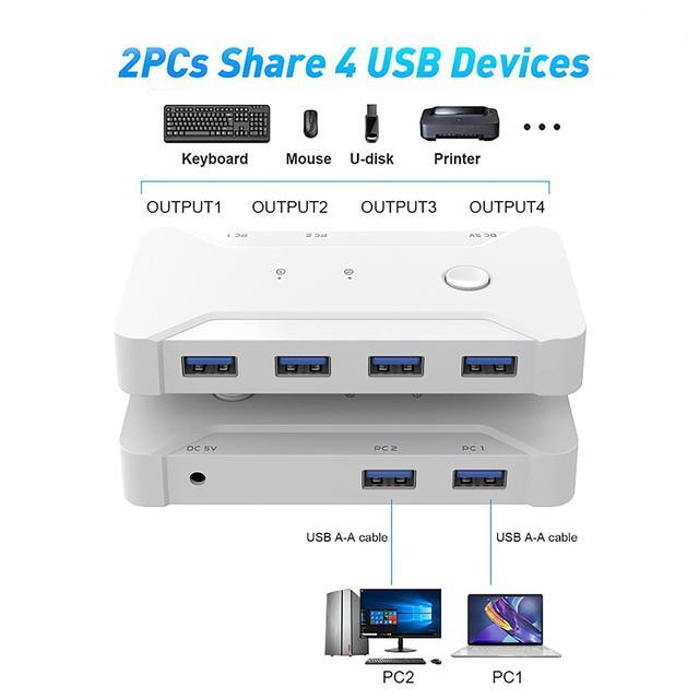 USB 3.0 KVM Switch Selector 2 In 4 Out 4 Port 2 Computers Peripheral Switcher Adapter Hub For PC Printer Scanner Mouse Keyboard With One Button Switch Compatible With Windows/Mac/Linux System