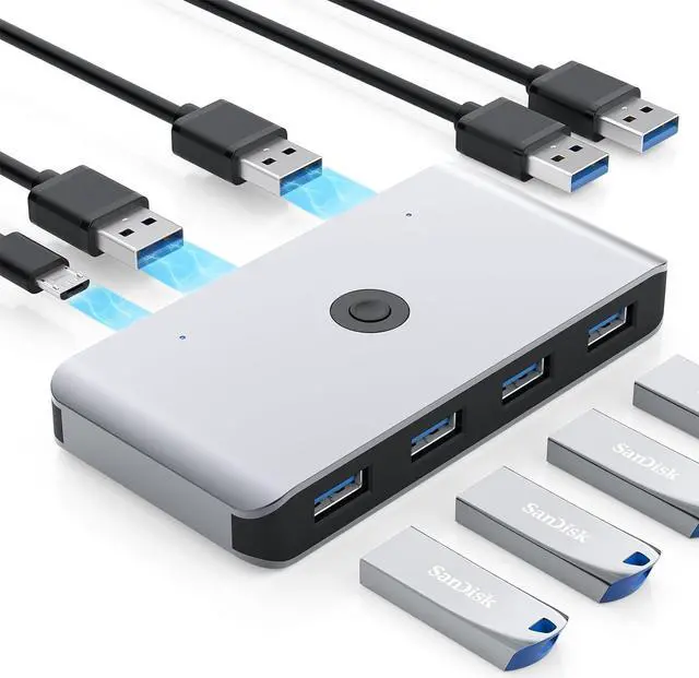 USB 3.0 KVM Switch Selector for 2 Computers Share 4 USB 3.0 Device 2 in 4 Out USB 3.0 Switcher for Keyboard Mouse Printer Scanner PC Laptop One Button Switch Adapter with 2 Pack USB 3.0 Cables