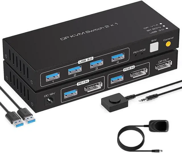 USB 3.0 Monitor KVM Switch Displayport 8K 60Hz 4K 120Hz DP Extended Display Switcher for 2 Computers Share 1 Monitors and 4 USB 3.0 Ports Wired Controller and 2 Cables Included