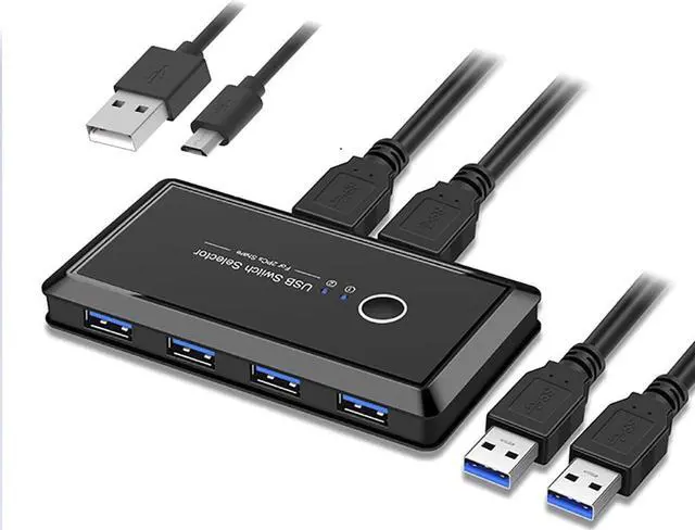 USB 3.0 Sharing Switch Selector 4 Port 2 Computers Peripheral Switcher Adapter Hub for PC Printer Scanner Mouse Keyboard with One Button Swapping and 2 Pack USB Male Cable
