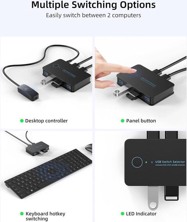 USB 3.0 Switch 2 In 4 Ouit USB Switcher For 2 Computers Share 4 USB For Printer Keyboard Mouse Scanner USB KVM Switch Selector With 2 USB 3.0 Cables Support Hotkey/Button/Wired Remote Switching