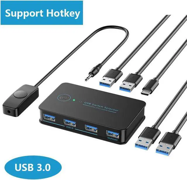 USB 3.0 Switch 2 in 4 Ouit USB Switcher for 2 Computers Share 4 USB for Printer Keyboard Mouse Scanner USB KVM Switch Selector with 2 USB 3.0 Cables Support Hotkey/Button/Wired Remote Switching
