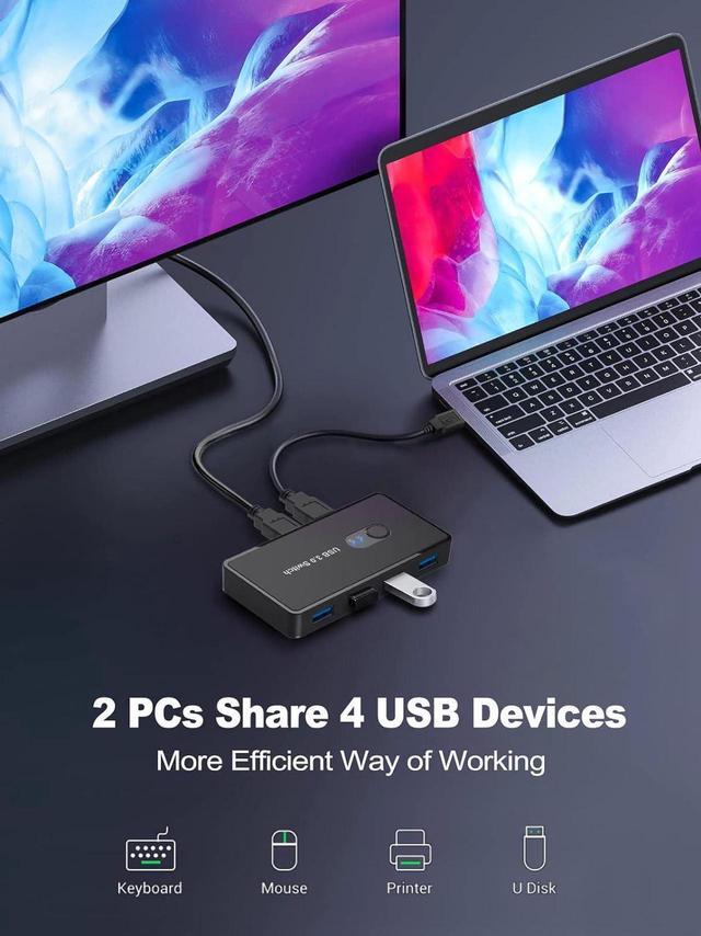 USB 3.0 Switch 2 In 4 Out USB Switcher Selector 2 Computers Sharing 4 USB 3.0 Ports KM Switcher Box With 2 Pack USB Cable For PC Printer Scanner Mouse Keyboard Compatible With Mac/Windows/Linux