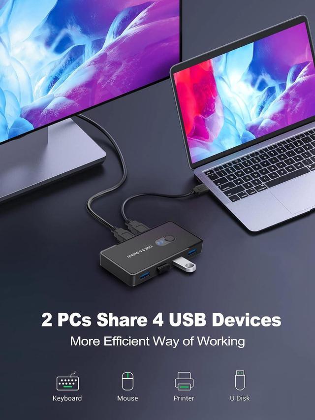USB 3.0 Switch 2 In 4 Out USB Switcher Selector 2 Computers Sharing 4 USB 3.0 Ports KM Switcher Box With 2 Pack USB Cable For PC Printer Scanner Mouse Keyboard Compatible With Mac/Windows/Linux