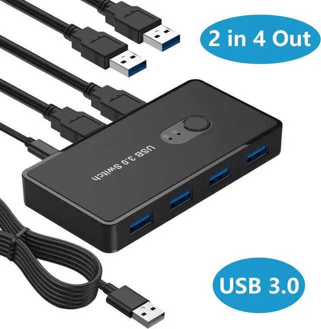 USB 3.0 Switch 2 in 4 Out USB Switcher Selector 2 Computers Sharing 4 USB 3.0 Ports KM Switcher Box with 2 Pack USB Cable for PC Printer Scanner Mouse Keyboard Compatible with Mac/Windows/Linux