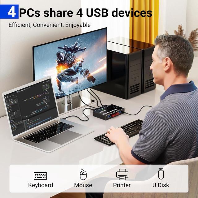 USB 3.0 Switch 4 Computers 4 Port USB Switch Selector Sharing Keyboard Mouse Printer USB Switcher Compatible With Mac/Windows/Linux Wired Remote And 4 USB 3.0 Cable Included