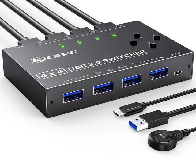 USB 3.0 Switch 4 Computers 4 Port USB Switch Selector Sharing Keyboard Mouse Printer USB Switcher Compatible with Mac/Windows/Linux Wired Remote and 4 USB 3.0 Cable Included