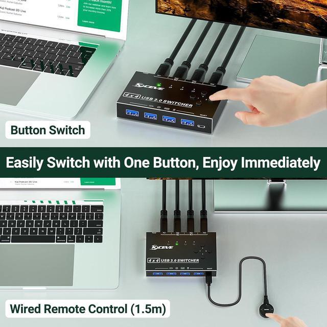 USB 3.0 Switch 4 Computers 4 Port USB Switch Selector For 4 Computer Share 4 USB Devices Keyboard Mouse Switch 4 In 4 Out USB 3.0 Switcher With Wired Remote And 4 Standard USB-B Cables