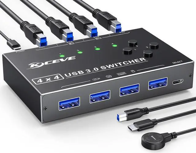USB 3.0 Switch 4 Computers 4 Port USB Switch Selector for 4 Computer Share 4 USB Devices Keyboard Mouse Switch 4 in 4 Out USB 3.0 Switcher with Wired Remote and 4 Standard USB-B Cables