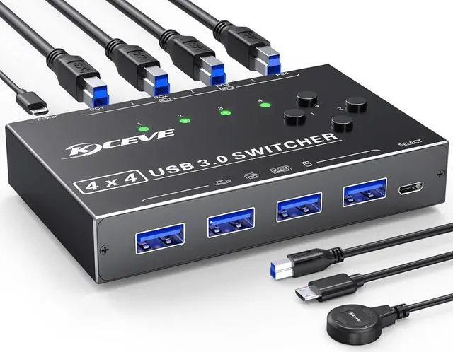 USB 3.0 Switch 4 Computers 4 Port USB Switch Selector for 4 Computer Share 4 USB Devices Keyboard Mouse Switch 4 in 4 Out USB 3.0 Switcher with Wired Remote and 4 Standard USB-B Cables
