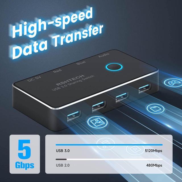 USB 3.0 Switch RSHTECH Aluminum USB Switch Selector With 4 USB 3.0 Ports 3.5mm Audio Jack 2 Computers Sharing 5 Peripheral Devices USB KM Switcher Hub With 2 USB Cable For Keyboard Mouse Printer