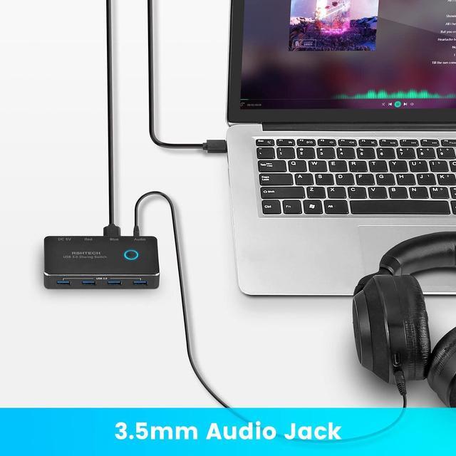 USB 3.0 Switch RSHTECH Aluminum USB Switch Selector With 4 USB 3.0 Ports 3.5mm Audio Jack 2 Computers Sharing 5 Peripheral Devices USB KM Switcher Hub With 2 USB Cable For Keyboard Mouse Printer
