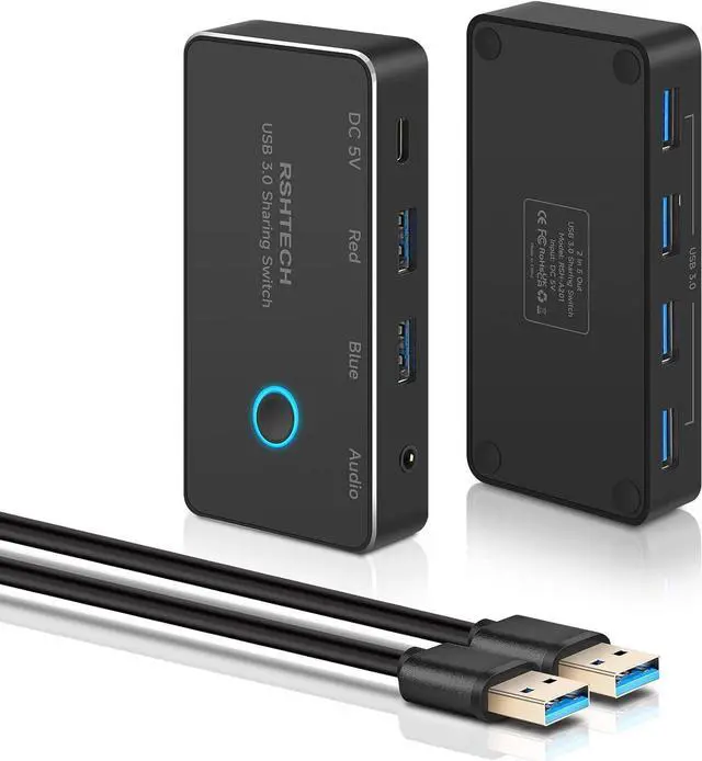USB 3.0 Switch RSHTECH Aluminum USB Switch Selector with 4 USB 3.0 Ports 3.5mm Audio Jack 2 Computers Sharing 5 Peripheral Devices USB KM Switcher hub with 2 USB Cable for Keyboard Mouse Printer